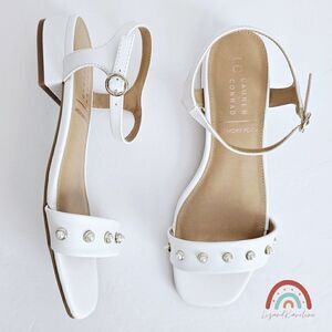 New! Faux Leather White Pearl Block Heel Square Toe Bridal Sandals
